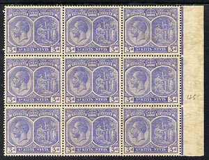 St Kitts-Nevis 1921-29 KG5 Script CA Medicinal Spring 3d ultramarine marginal block of 9, unmounted mint SG 45