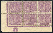 St Kitts-Nevis 1921-29 KG5 Script CA Medicinal Spring 1d violet SW corner block of 6 with Plate No.1 unmounted mint few split perfs SG 39