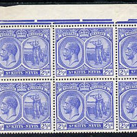 St Kitts-Nevis 1921-29 KG5 Script CA Columbus 2.5d bright blue NW corner block of 6 unmounted mint SG 42