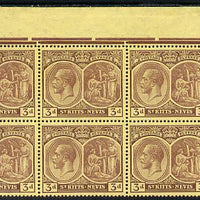 St Kitts-Nevis 1921-29 KG5 Script CA Medicinal Spring 3d purple on yellow NE corner block of 6, unmounted mint SG 45a