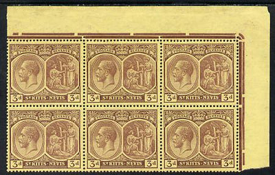 St Kitts-Nevis 1921-29 KG5 Script CA Medicinal Spring 3d purple on yellow NE corner block of 6, unmounted mint SG 45a