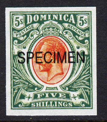 Dominica 1908-20 KG5 5s red & green overprinted SPECIMEN imperf being a 'Hialeah' forgery on gummed paper (as SG 54s)