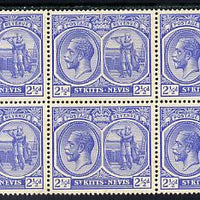 St Kitts-Nevis 1921-29 KG5 Script CA Columbus 2.5d bright blue block of 6, unmounted mint few split perfs SG 42