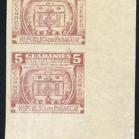 Paraguay 1952 Columbus Memorial - Urn 5g brown-lake IMPERF pair (gum slightly disturbed) as SG 715