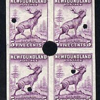 Newfoundland 1941-44 KG6 Caribou 5c imperf marginal PROOF block of 4 each stamp with Waterlow security punch hole, some wrinkles but a scarce KG6 item (as SG 280)