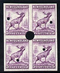 Newfoundland 1941-44 KG6 Caribou 5c imperf marginal PROOF block of 4 each stamp with Waterlow security punch hole, some wrinkles but a scarce KG6 item (as SG 280)