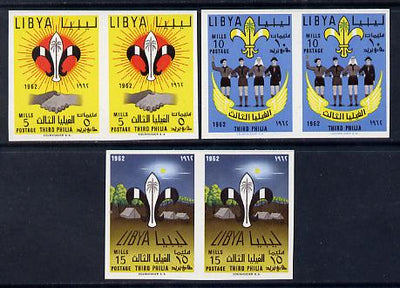 Libya 1962 Third Boy Scouts Meeting set of 3 in imperf pairs unmounted mint as SG 278-80