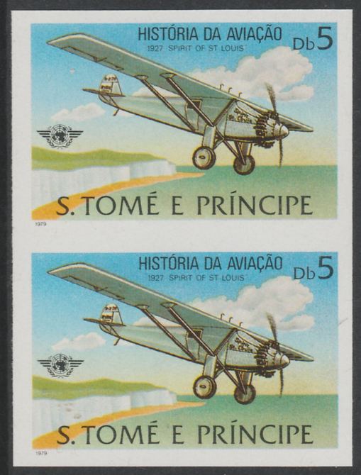 St Thomas & Prince Islands 1979 Aviation History 5Db (Spirit of St Louis) imperf proof pair in issued colours on ungummed paper