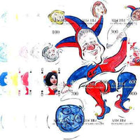 Abkhazia 1999 The Joker (Cartoon of Pres Clinton with Golf Club) sheetlet containing 9 values, the set of 5 imperf progressive proofs comprising the 4 basic colours plus all 4-colour composites unmounted mint