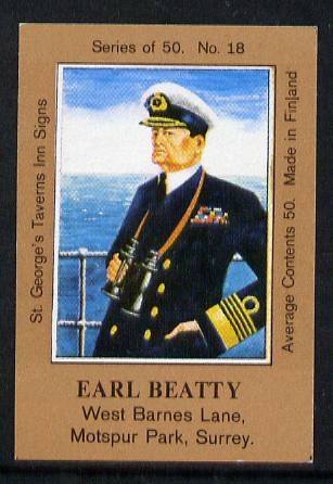 Match Box Labels - Earl Beatty (No.18 from a series of 50 Pub signs) light brown background, very fine unused condition (St George's Taverns)