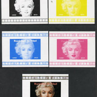 Chad 2013 Marilyn Monroe #8 individual deluxe sheetlet - the set of 5 imperf progressive colour proofs comprising the 4 basic colours plus all 4-colour composite unmounted mint.