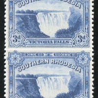 Southern Rhodesia 1932 KG5 Victoria Falls 3d deep ultramarine vertical pair with horizontal perfs omitted,'Maryland' unused forgery, as SG 30a - the word Forgery is printed on the back and comes on a presentation card with descriptive notes