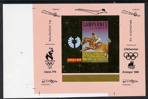 Equatorial Guinea 1972 Munich Olympics Show Jumping #1 individual imperf deluxe proof sheet in gold with pink border with overptints in margin unmounted mint minor wrinkles