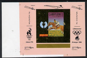 Equatorial Guinea 1972 Munich Olympics Show Jumping #1 individual imperf deluxe proof sheet in gold with pink border with overptints in margin unmounted mint minor wrinkles