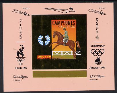 Equatorial Guinea 1972 Munich Olympics Show Jumping #2 individual imperf deluxe proof sheet in gold with pink border with overptints in margin unmounted mint minor wrinkles