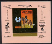 Equatorial Guinea 1972 Munich Olympics Show Jumping #4 individual imperf deluxe proof sheet in gold with pink border with overptints in margin unmounted mint minor wrinkles