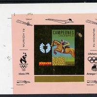 Equatorial Guinea 1972 Munich Olympics Show Jumping #6 individual imperf deluxe proof sheet in gold with pink border with overptints in margin unmounted mint minor wrinkles