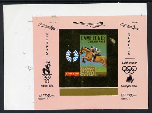 Equatorial Guinea 1972 Munich Olympics Show Jumping #6 individual imperf deluxe proof sheet in gold with pink border with overptints in margin unmounted mint minor wrinkles