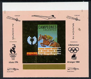 Equatorial Guinea 1972 Munich Olympics Show Jumping #7 individual imperf deluxe proof sheet in gold with pink border with overptints in margin unmounted mint minor wrinkles