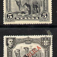 Nyassa Company 1911 Dromedaries 5r with REPUBLICA overprint omitted plus normal both mounted mint, SG 54var