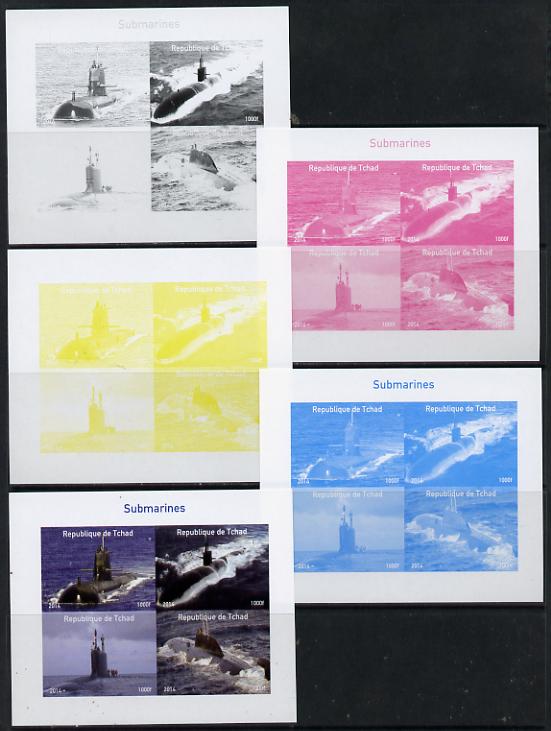 Chad 2014 Submarines #1 sheetlet containing 4 values - the set of 5 imperf progressive proofs comprising the 4 individual colours plus all 4-colour composite, unmounted mint.