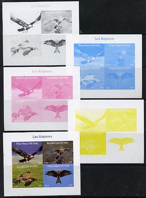 Mali 2014 Birds of Prey sheetlet containing 4 values - the set of 5 imperf progressive proofs comprising the 4 individual colours plus all 4-colour composite, unmounted mint