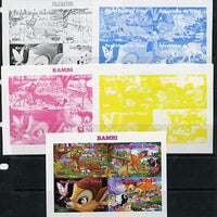 Chad 2014 Walt Disney's Bambi sheetlet containing 4 values - the set of 5 imperf progressive proofs comprising the 4 individual colours plus all 4-colour composite, unmounted mint.