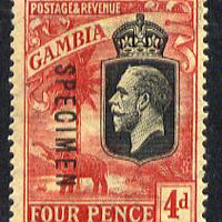 Gambia 1922-29 KG5 MCA Elephant & Palm 4d black & red on yellow overprinted SPECIMEN with gum and only about 400 produced SG 118s