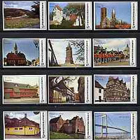 Match Box Labels - complete set of 12 Danish Views (Incl Bridge, Hans Christian Anderson House, Guardsmen, Churches, etc), superb unused condition (Danish)