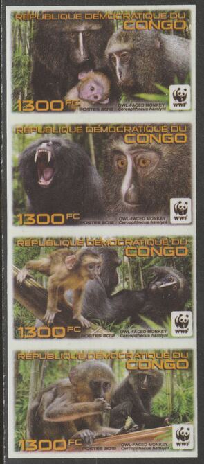 Congo 2012 WWF - Owl Faced Monkey imperf strip of 4 unmounted mint