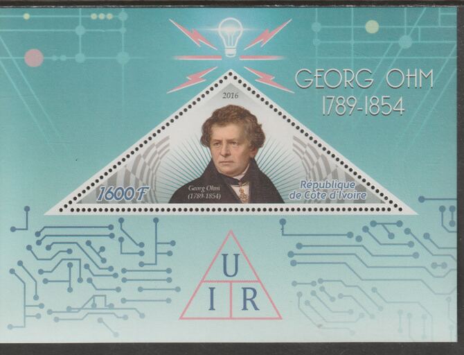 Ivory Coast 2016,Georg Ohm Commemoration perf deluxe sheet containing one triangular value unmounted mint