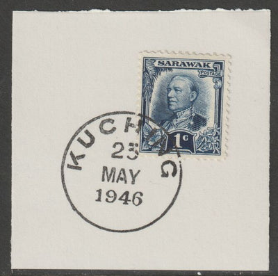 Sarawak 1932 Sir Charles Brooke 1c indigo on piece cancelled with full strike of Madame Joseph forged postmark type 378