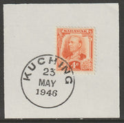 Sarawak 1932 Sir Charles Brooke 4c red-orange on piece cancelled with full strike of Madame Joseph forged postmark type 378