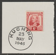 Sarawak 1932 Sir Charles Brooke 6c scarlet on piece cancelled with full strike of Madame Joseph forged postmark type 378