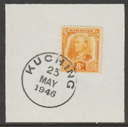 Sarawak 1932 Sir Charles Brooke 8c orange-yellow on piece cancelled with full strike of Madame Joseph forged postmark type 378