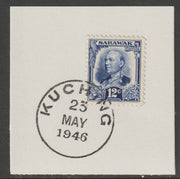 Sarawak 1932 Sir Charles Brooke 12c ultramarine on piece cancelled with full strike of Madame Joseph forged postmark type 378