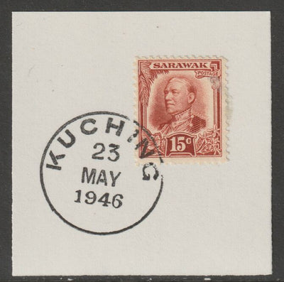 Sarawak 1932 Sir Charles Brooke 15c chestnut on piece cancelled with full strike of Madame Joseph forged postmark type 378