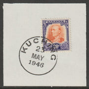 Sarawak 1932 Sir Charles Brooke 20c orange & violet on piece cancelled with full strike of Madame Joseph forged postmark type 378