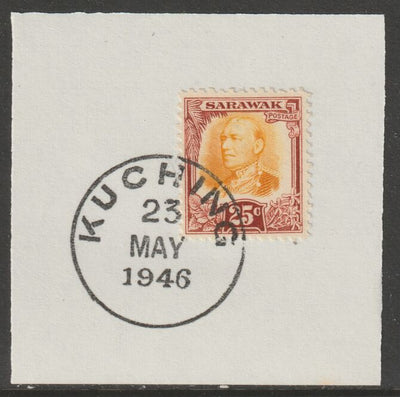 Sarawak 1932 Sir Charles Brooke 25c orange & chestnut on piece cancelled with full strike of Madame Joseph forged postmark type 378