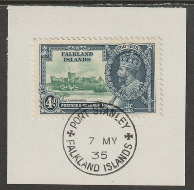 Falkland Islands 1935 KG5 Silver Jubilee 4d (SG 141) on piece with full strike of Madame Joseph forged postmark type 155 (Note the Broken Y but missing the,code letter 'dot'