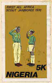 Nigeria 1977 First All Africa Scout Jamboree - original hand-painted artwork for 5k value (Scouts Saluting) by C U Okechukwu on card size 5