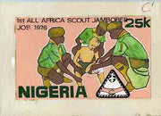 Nigeria 1977 First All Africa Scout Jamboree - original hand-painted artwork for 25k value (Scouts Administering First Aid) possibly by C U Okechukwu on card size 9.5"x6" endorsed 'C1'