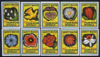 Match Box Labels - complete set of 10 Flowers, superb unused condition (Pellens of Belgian)