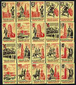 Match Box Labels - complete set of 20 Monuments (& City Arms), superb unused condition (Belgian)