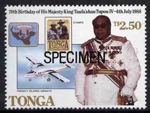 Tonga 1988 King's 70th Birthday $2.50 opt'd SPECIMEN (showing Map, Scout Stamp & Aircraft) as SG 988 unmounted mint