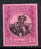 Sudan 1951-61 Shilluk Warrior 5m imperf proof on pink ungummed paper ex De La Rue archives, as SG 127