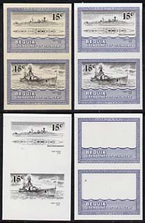 St Vincent - Bequia 1985 Warships of World War 2, 15c HMS Hood unmounted mint set of 4 imperf se-tenant progressive proof pairs comprising printings of blue, black, blue & black plus blue & black with buff background (unvarnished)……Details Below