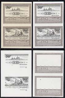 St Vincent - Bequia 1985 Warships of World War 2, 50c HMS Duke of York unmounted mint set of 4 imperf se-tenant progressive proof pairs comprising printings of brown, black, brown & black plus brown & black with buff background (u……Details Below