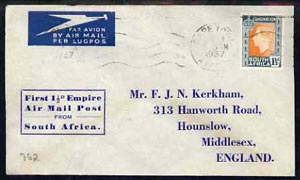 South Africa 1937 first flight cover to UK bearing KG6 Coronation 1.5d stamp with special cachet 'First 1.5d Empire Air Mail Post from South Africa'