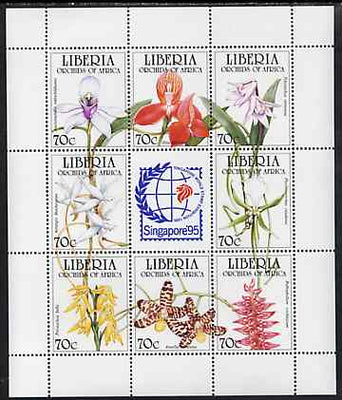 Liberia 1995 Orchids sheetlet containing complete set of 8 values plus Singapore '95 label, unmounted mint Mi 1631-38